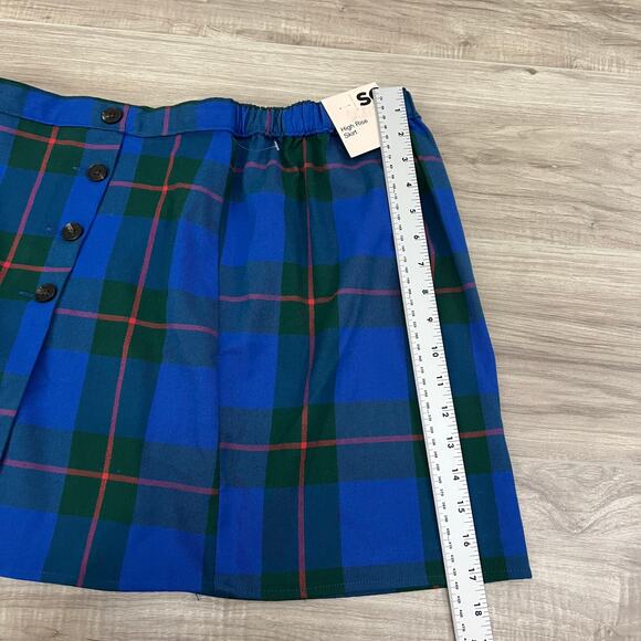 Juniors' SO Good For Life Buttoned Faux Wrap Blue, Green Plaid Skirt Size 17 - Picture 6 of 14